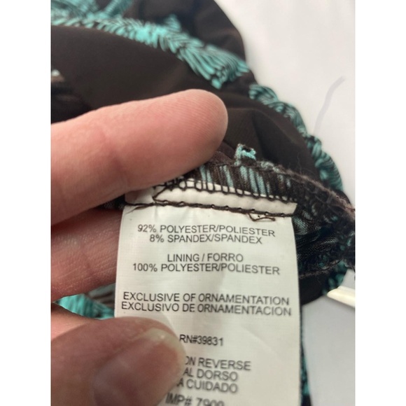 My Michelle Teal Green & Black‎ Print A-line Dress with Deep V-neck & Tie Belt L - Picture 4 of 7